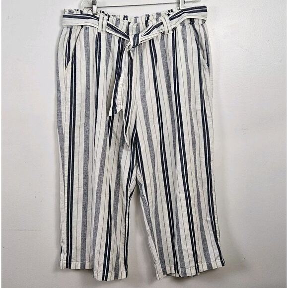 ANA Womens 2X White Blue Striped Linen Blend Wide Leg Crop Pants Belt Pull On - Picture 13 of 13